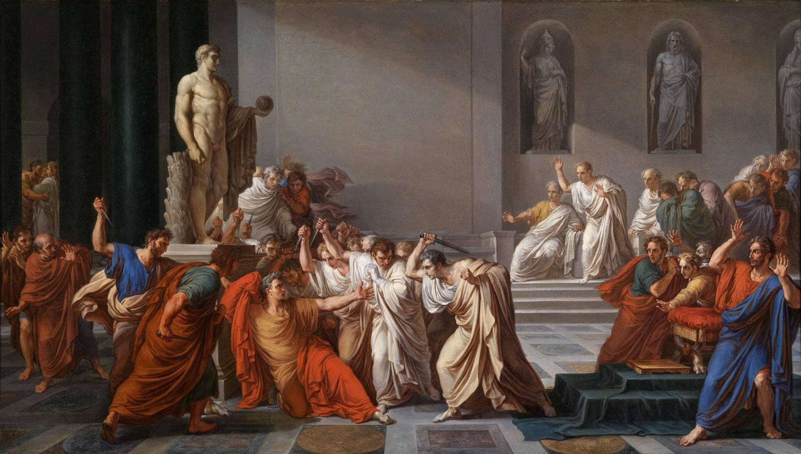 Giulio Cesare circondato dai congiurati durante le Idi di marzo.