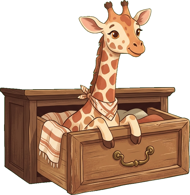 Una giraffa che sbuca da un cassetto di legno